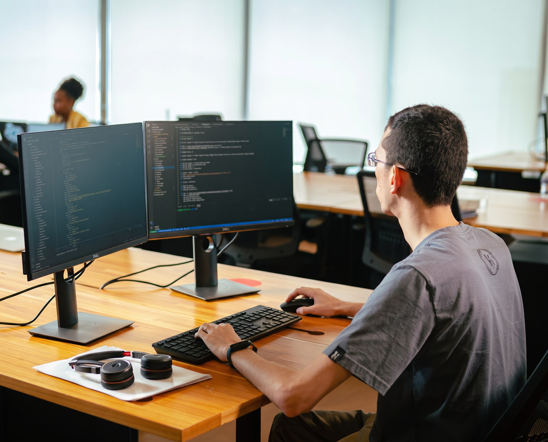 Senior EZOps DevOps engineer working at a dual-monitor workstation