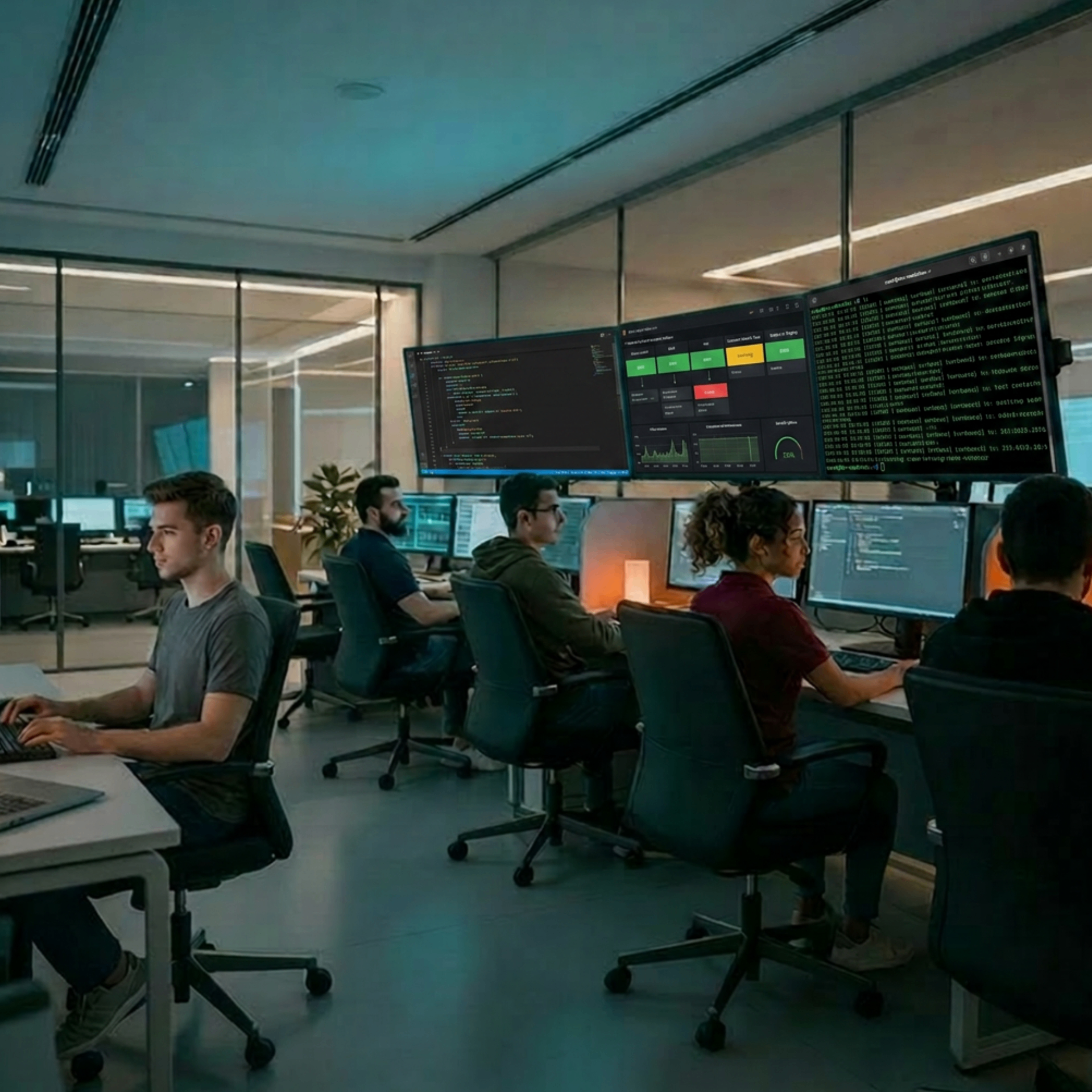 Senior engineer collaborating in a calm modern workspace